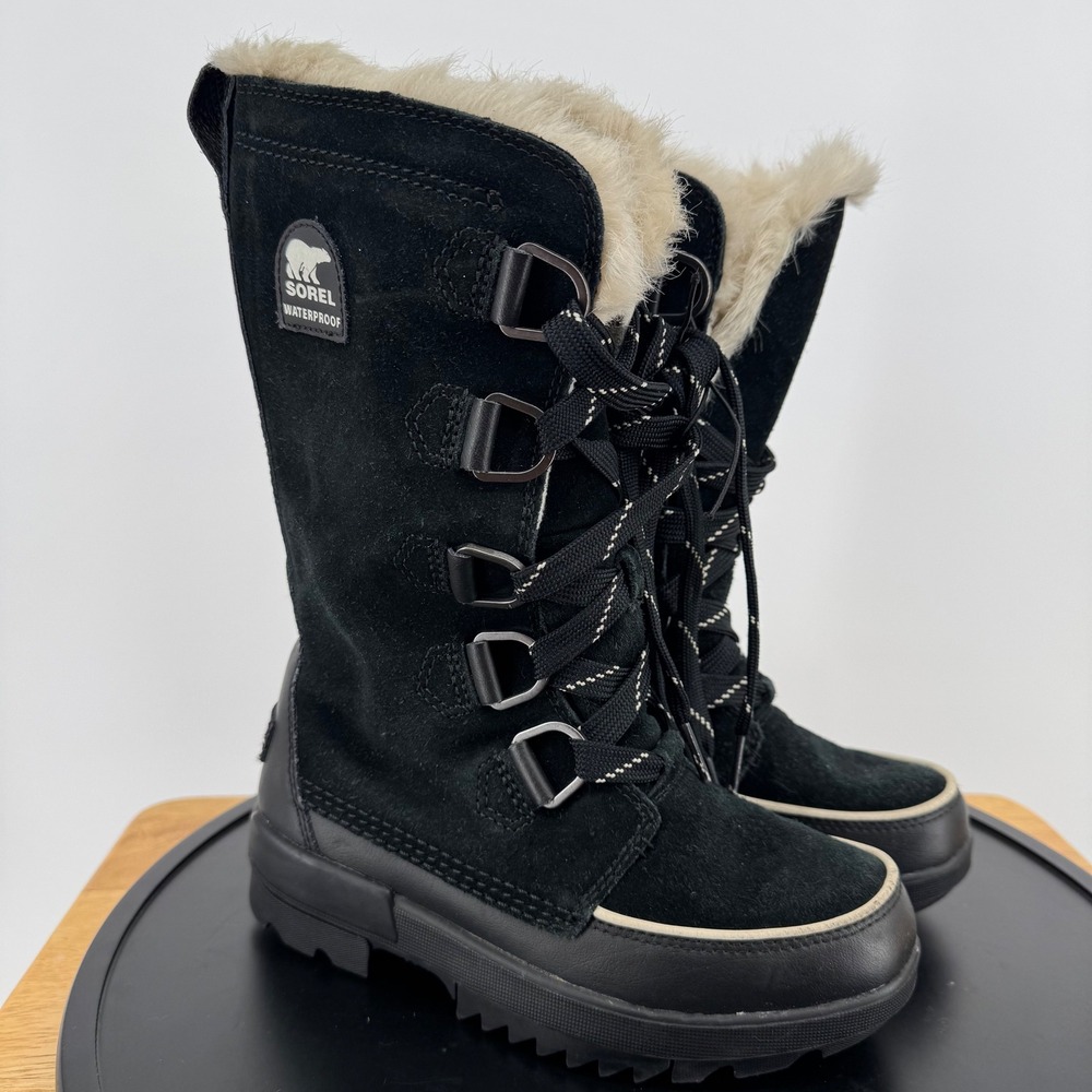 Sorel Tivoli Explorer Waterproof‎ Lace Up Winter Boots Black Faux Fur Womens 5